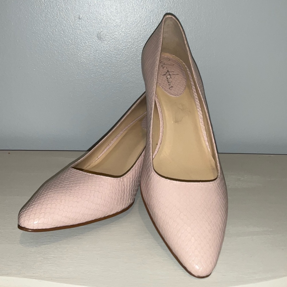Pink snake print leather kitten heels.